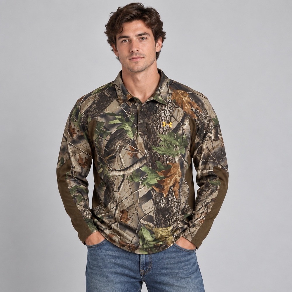 Under Armour Shirt Mens Large Camo Realtree Hardwoods Long Sleeve Polo Hunting